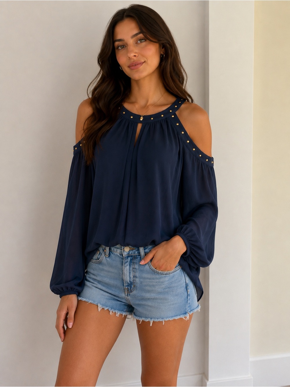 INC International Concepts Navy Cold-Shoulder Blouse with Gold Studs
